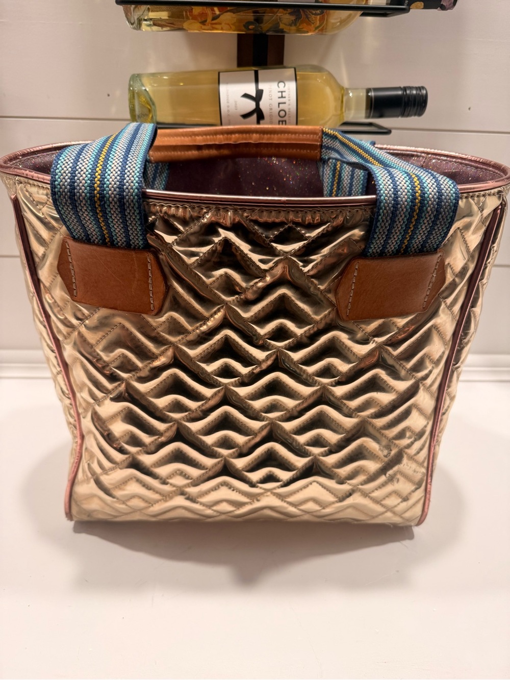 Consuela Metallic Gold Quilted Tote with Blue-Striped Handles